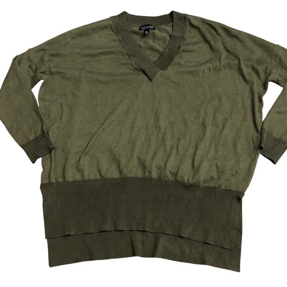 Topshop Womens Sweater Size 4 Olive Green V Neck Lightweight Slouchy FLAW - Picture 2 of 8
